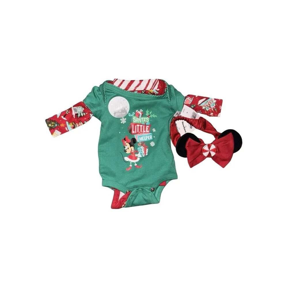 Disney Baby  Minnie Mouse Outfit Sleeper Set Newborn Santa Helper 4Pc New